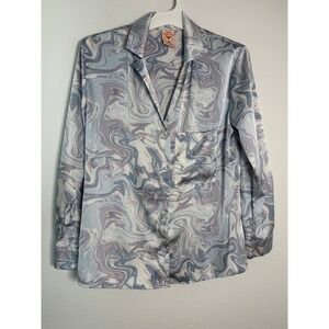 Self Esteem Blue Marble Swirl Print Satin Button Down Shirt Long Sleeve Small